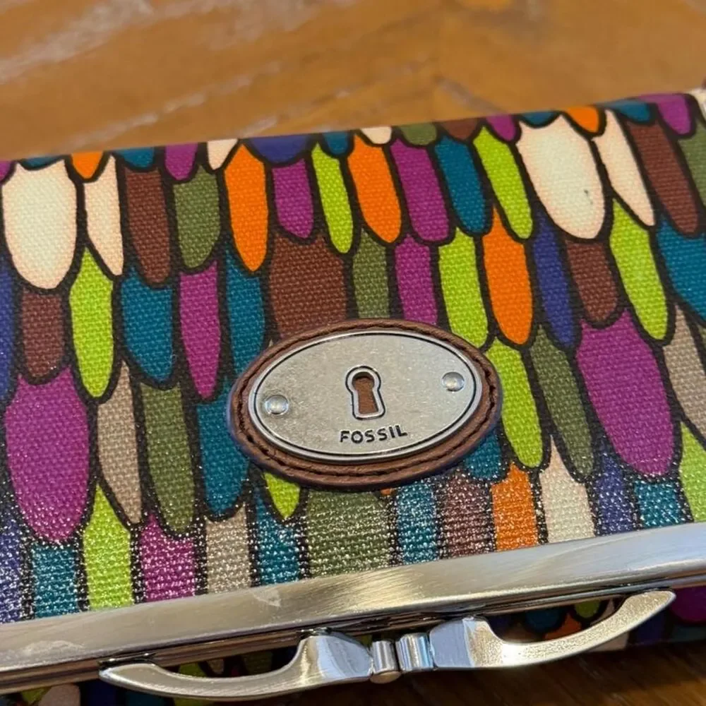 NWT Vintage Fossil Multicolored Pattern Cosmetic Case Bag with Mirror
